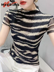 MadBlack European Clothes t-shirt donna Sexy Mock Neck Zebra Print Slim Mesh top maniche corte Tees primavera autunno muslimah