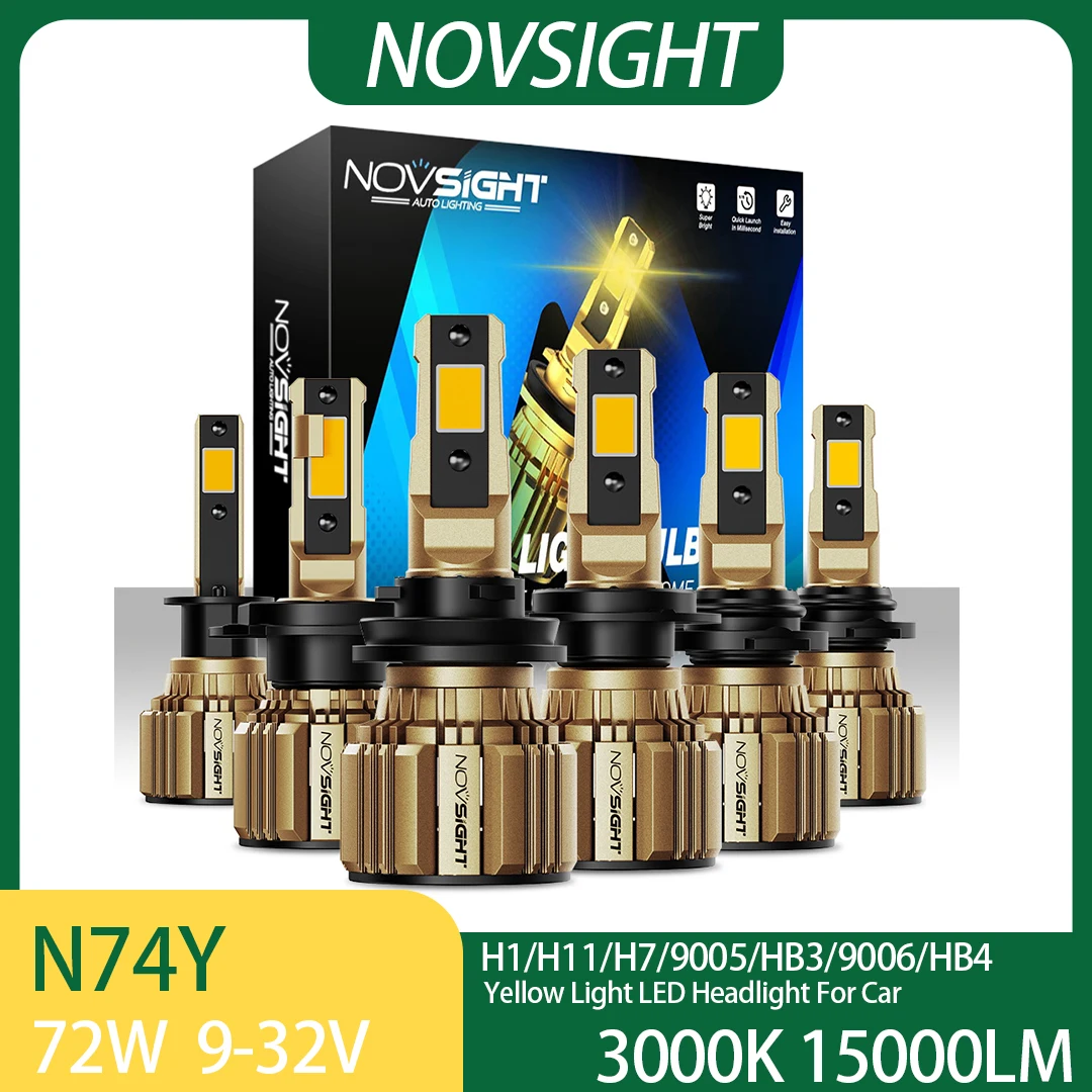 NOVSIGHT N74Y Yellow Light 3000K H11 LED Headlight For Car H1 H7 9005 HB3 9006 HB4 72W LED Auto Headlamp High Brightness Bulbs
