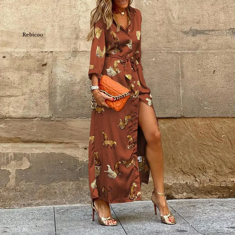 2022 Autumn Women Vintage A-Line Maxi Dress Elegant Ladies Loose Ruffle Long Dress Fashion V Neck 3/4 Sleeve Printed Boho Dress