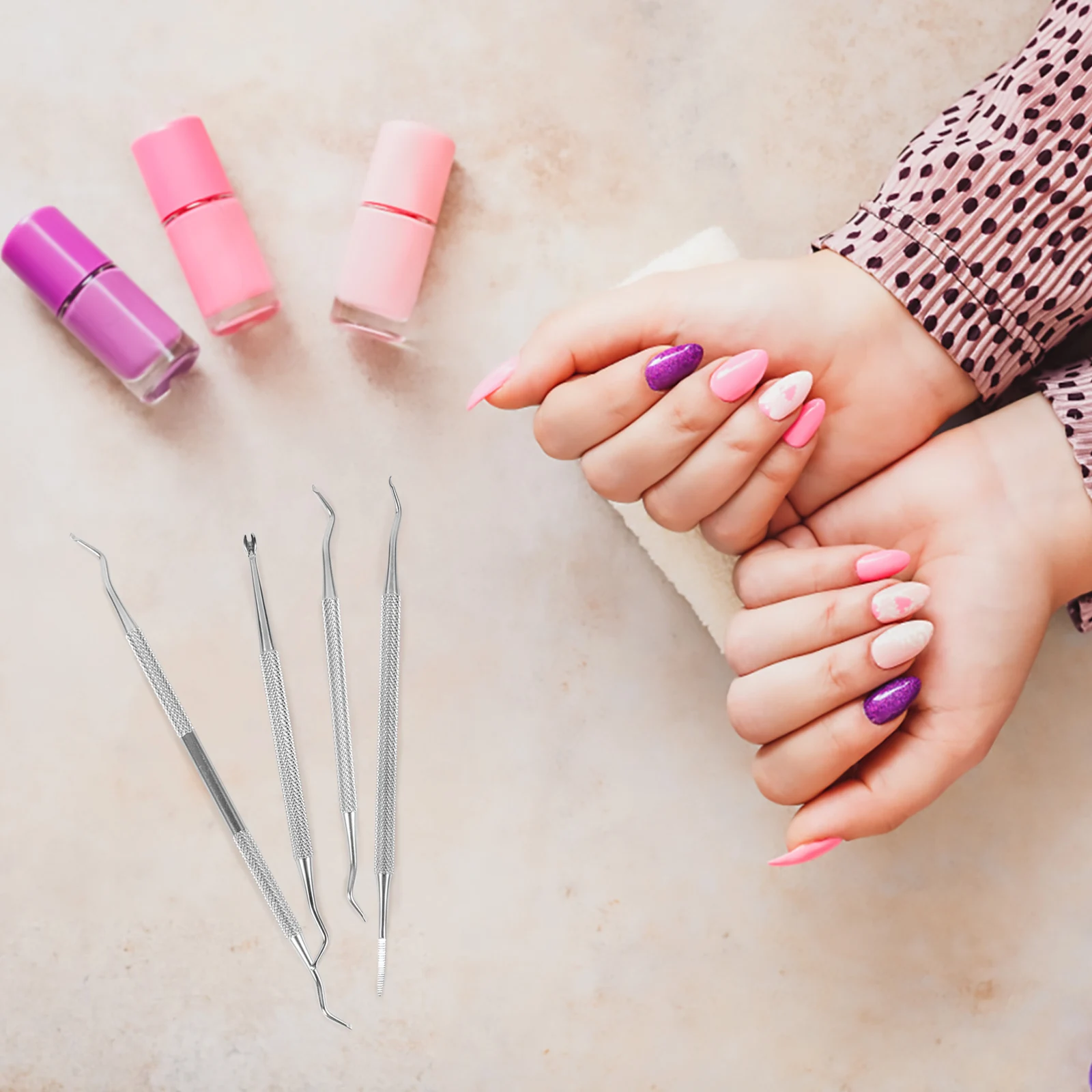 

4 шт., инструмент для омертвевшей кожи, инструмент для ногтей из нержавеющей стали с двойной головкой, профессиональный маникюрный набор для коррекции ногтей, набор маникюрных инструментов