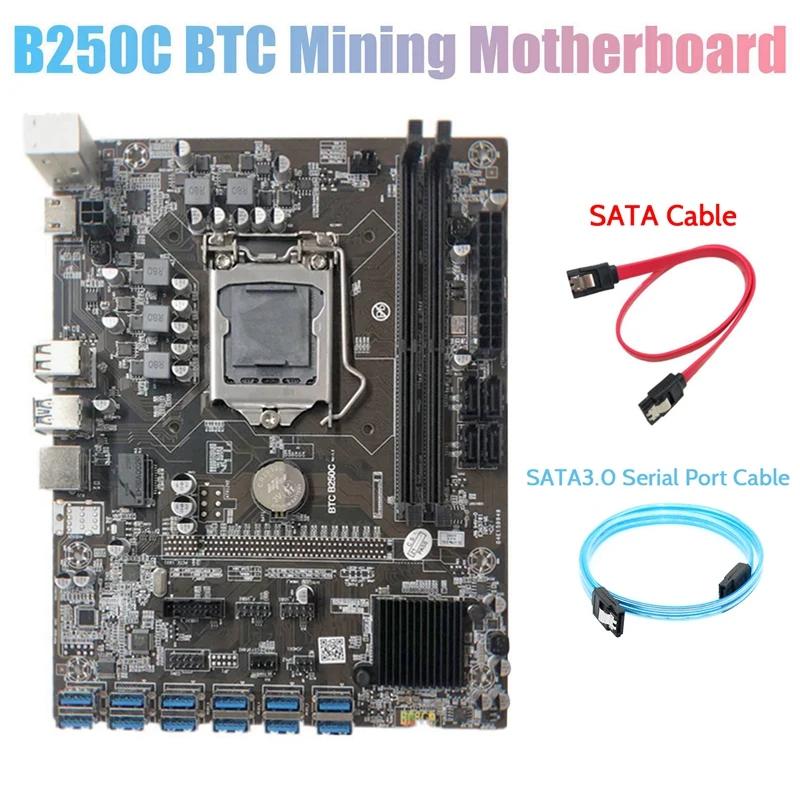 

Материнская плата B250C Miner + кабель последовательного порта SATA3.0 + кабель SATA 12 слотов PCIE к USB3.0 GPU LGA1151 Pin DDR4 для майнера