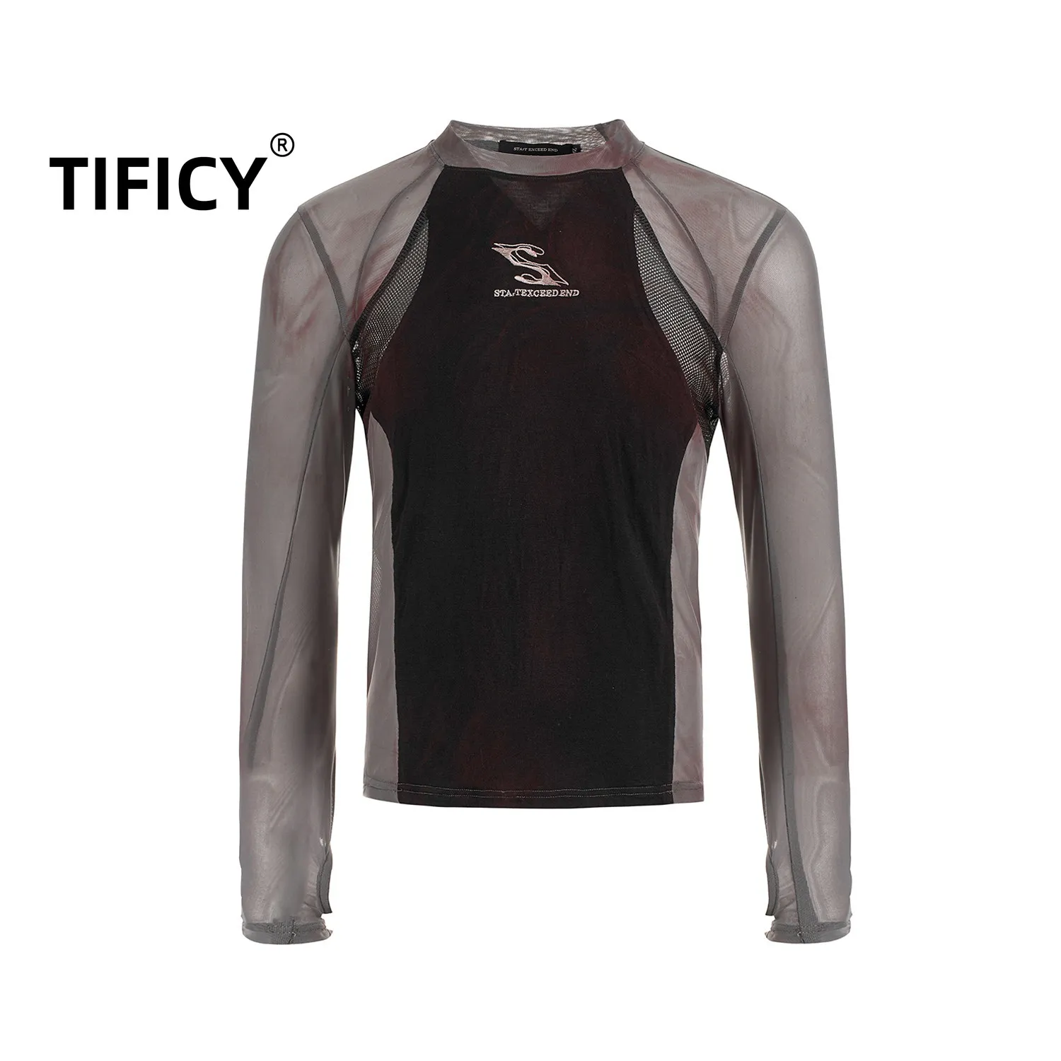 

High Street Tight Mesh Patchwork Long Sleeved T-shirt Men's Summer Semi Transparent and Breathable A Base Layer Underneath