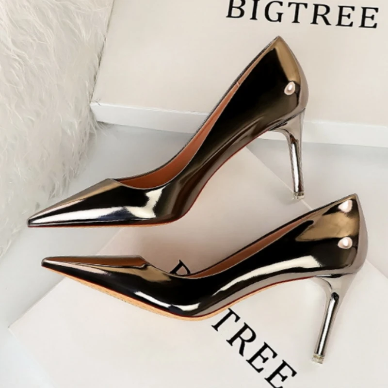 Women Mteallic Bronze Leather Pumps 7.5cm 10.5cm High Heels Lady Stiletto Middle Heels Wedding Bridal Gold Silver Event Shoes