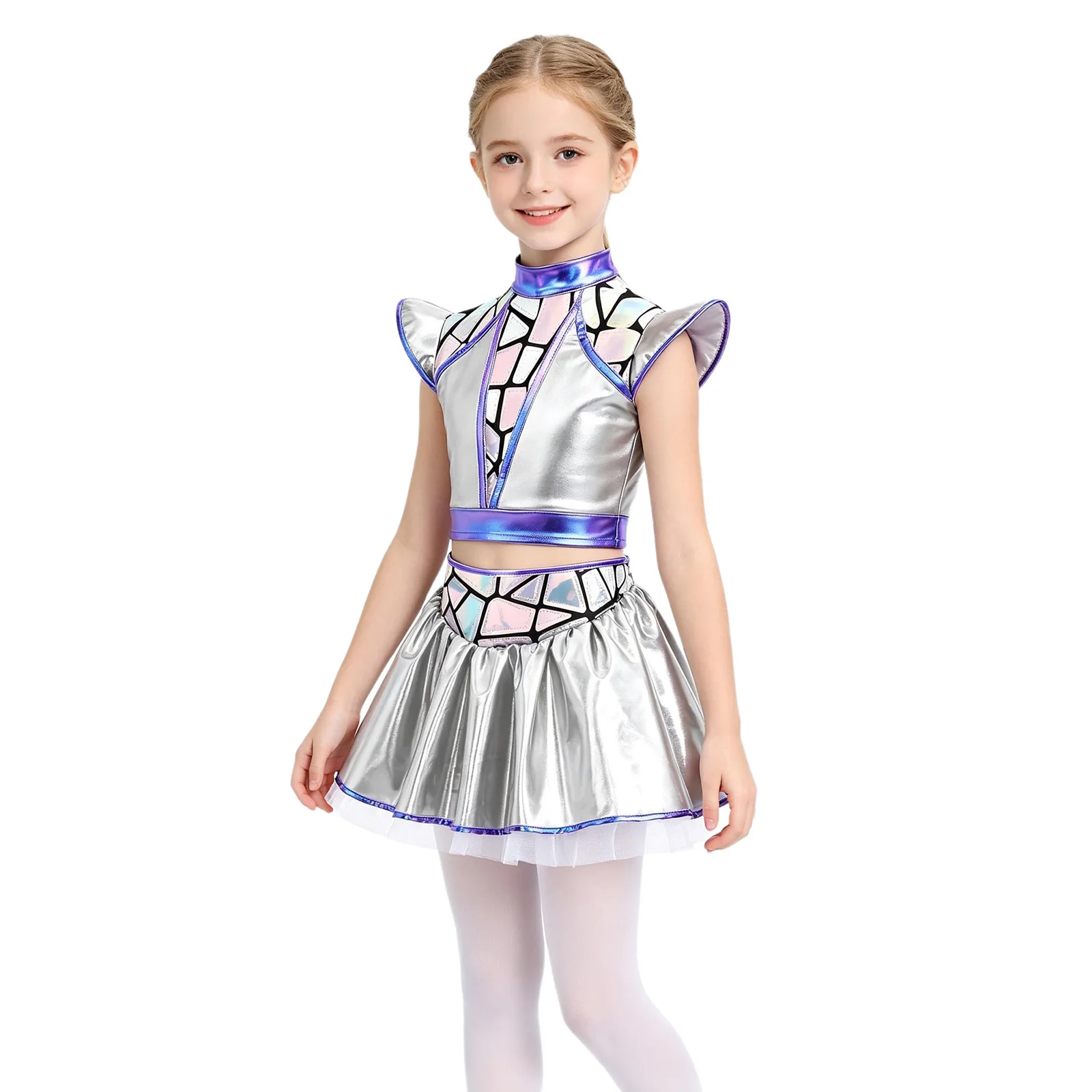 Mädchen-Cheerleader-Kostüm, Alien-Cosplay, Jazz-Hip-Hop-Cheerleading-Outfits, metallischer Reißverschluss hinten, bauchfreies Oberteil, mehrlagiger Rüschenrock – Detail 6