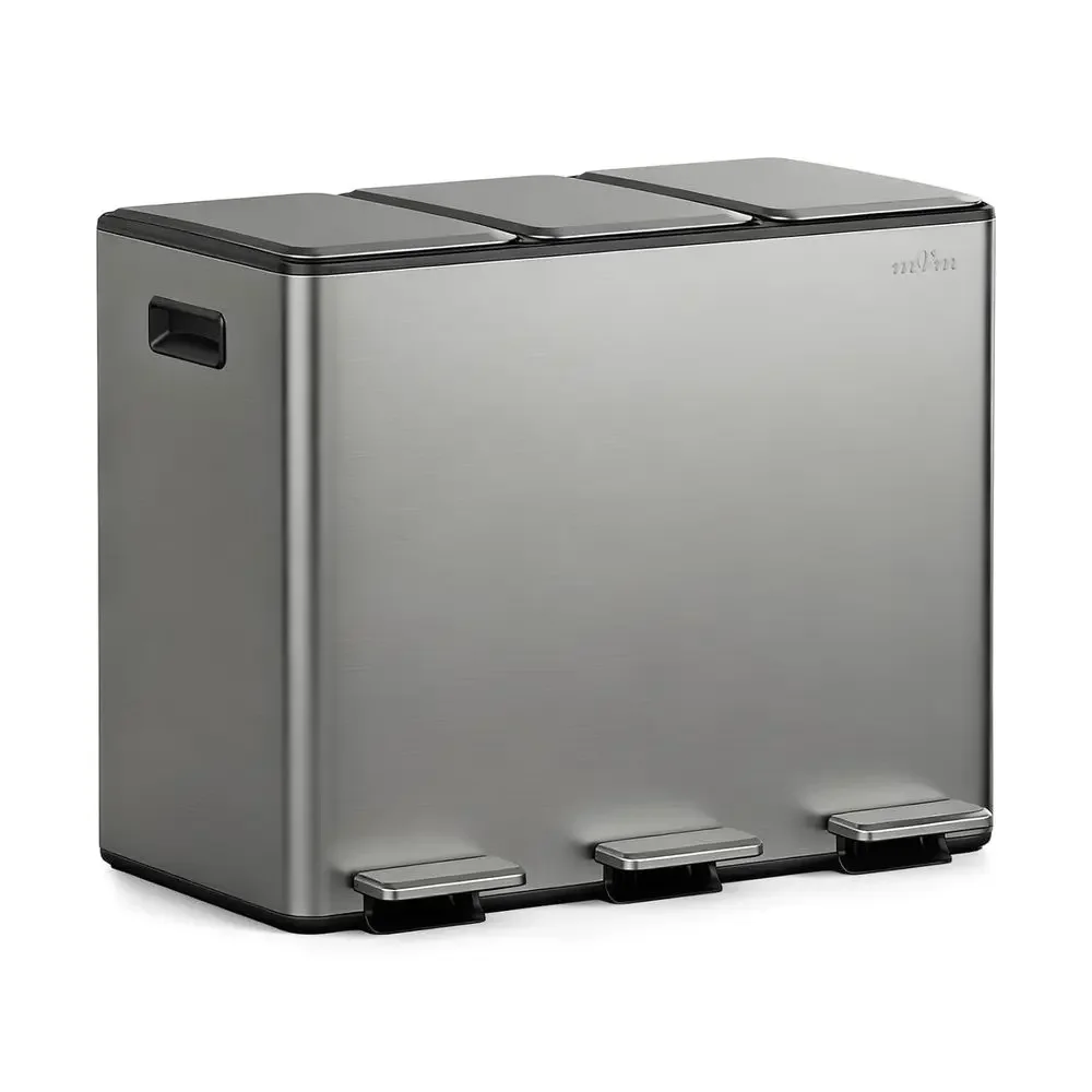 

Triple Step Trash Can with Double Layer Lids, 12 Gallon Capacity, Gray Kitchen Garbage Bin