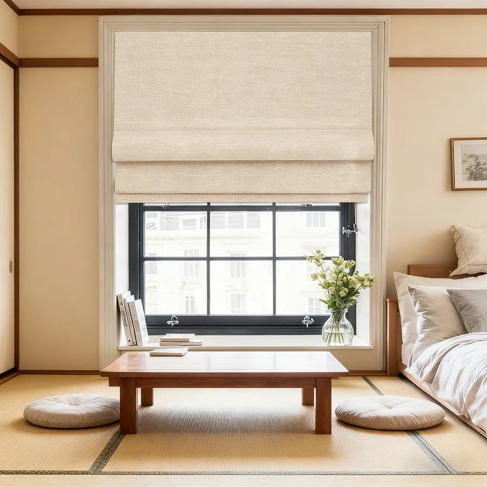 Elegant Customized Built-In Plain Roman Blinds Manual Blackout Shades with Linen Material Eco-Friendly for Bedroom