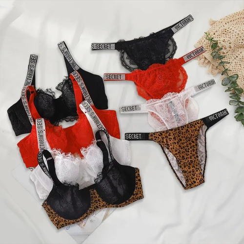 Nuevo conjunto de lencería Sexy clásico en V para mujer, conjunto de sujetador y bragas ajustables de apoyo con ribete de encaje transparente, lencería de encaje