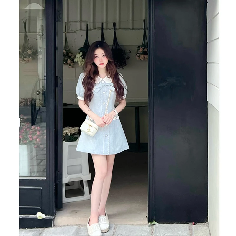 MEXZT Vintage Sweet Dress Women Elegant Bow A Line Mini Dresses Office Lady Summer Korean High Waist Slim Casual Chic Vestidos