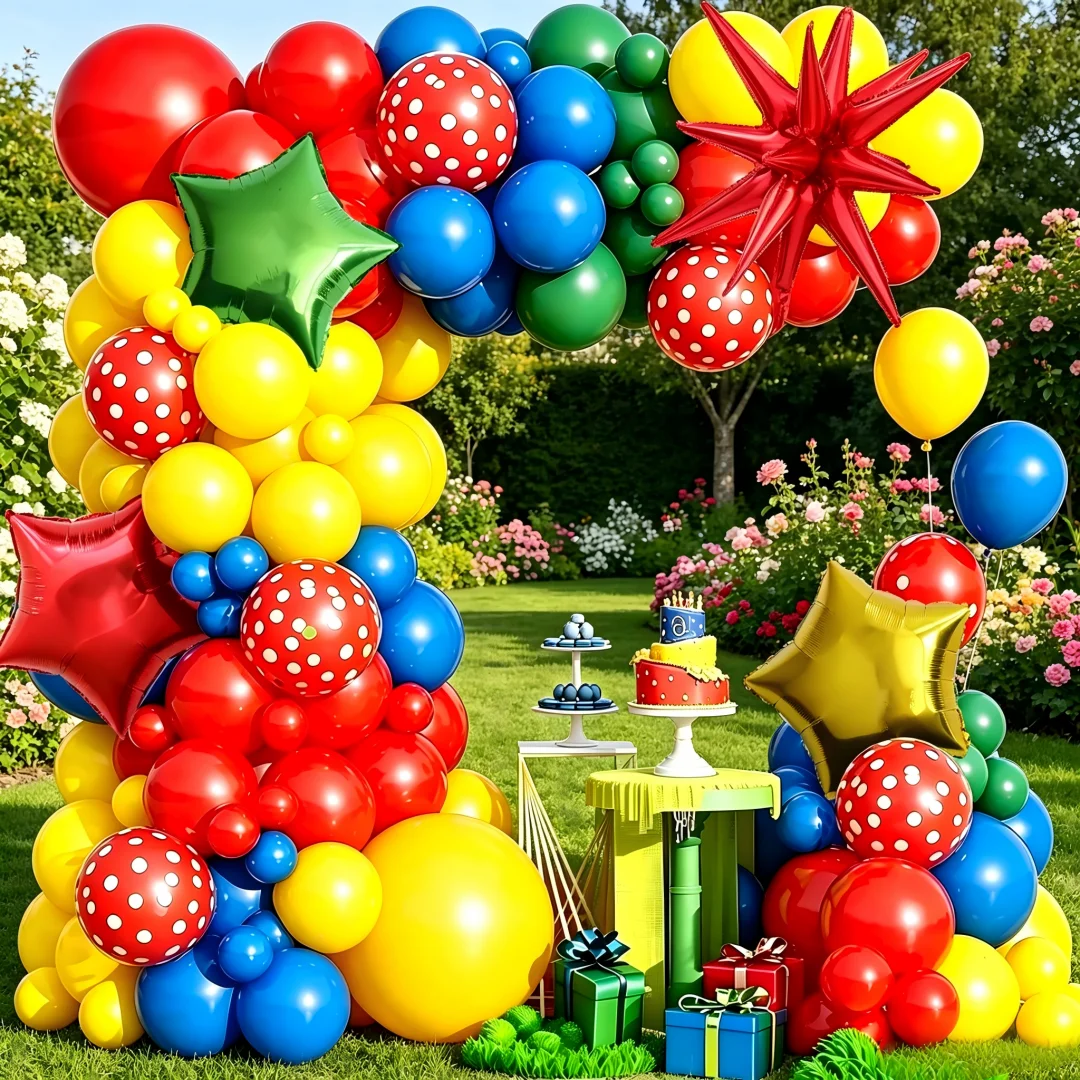 106-teiliges Ballondekorations-Set, einschließlich roter Exploding-Star-Ballons, roter, blauer, gelber und grüner Latexballon-Bogen-Girlande, 3 Stern-Folienballons, Geburtstagsbanner, erhältlich in verschiedenen Größen, geeignet für Geburtstagsfeiern, Superhelden-Themenpartys, Cartoon-/Videospiel-/Helden-Themenveranstaltungen, Weihnachten und andere Anlässe – Detail 6