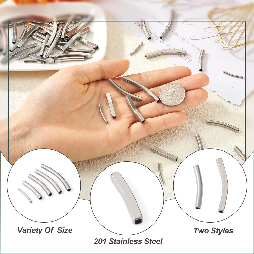 64Pcs 201 Stainless Steel Beads Metal Long Curve Tube Beads Connectors for Jewelry Making DIY Bracelet Necklace