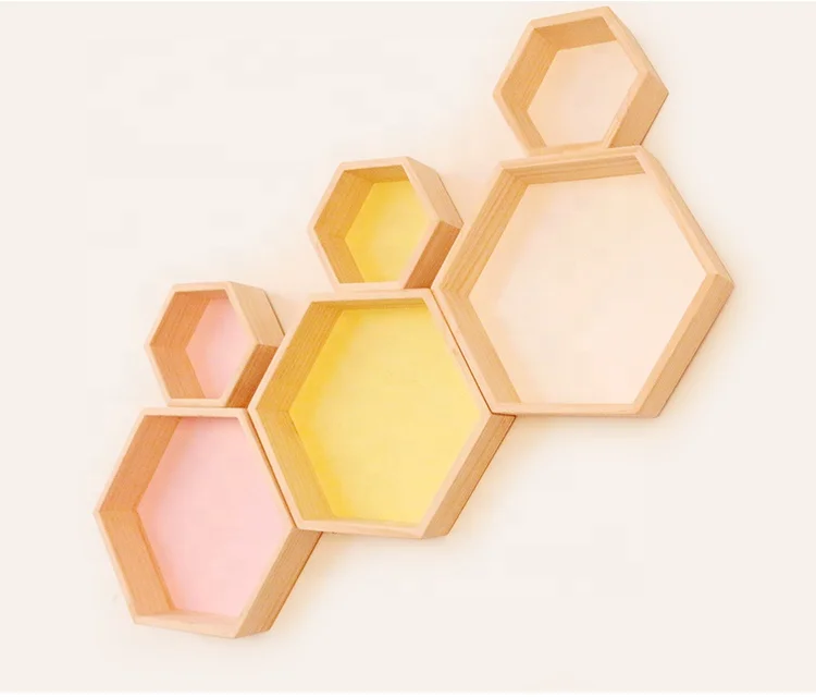 Hexagon Decorative Shelf Set Pine Wood Geometric Shelves Living Room Furniture Wall Mounted Rack