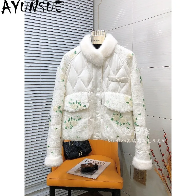 AYUNSUE Women's Down Coats Elegant Mink Fur Collar Goose Down Jackets for Woman Sequined and Beaded Warm Jacket Woman Clothes