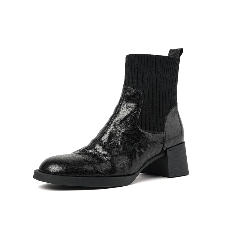 

Spring and Autumn Genuine Leather Round Toe Stitching Textile Sewing One-step Comfortable Thick Heel Women's Boots