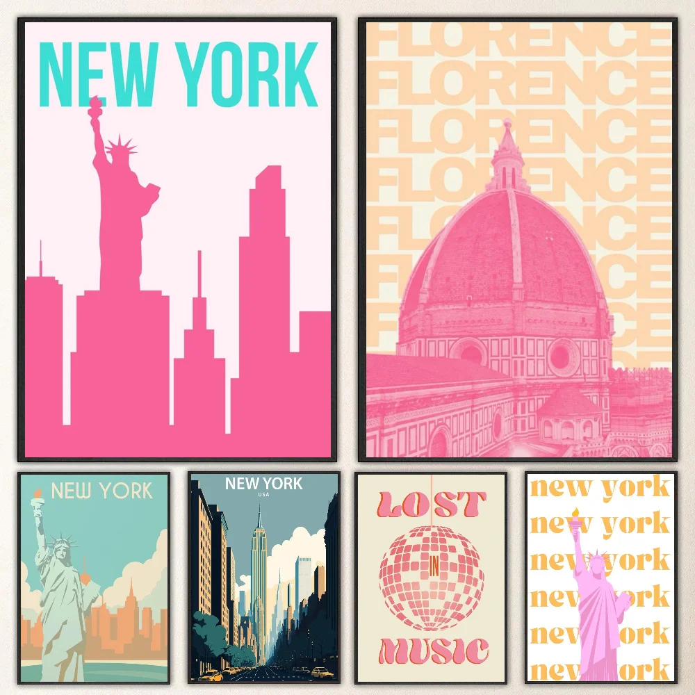 1pc London N-New York Paris Rome Mid Century Poster Self-adhesive Art Waterproof Paper Sticker Coffee House Bar Room Wall Decor