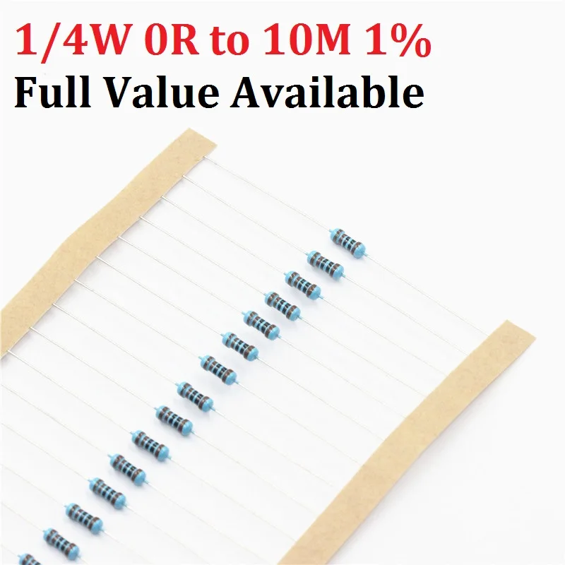 100szt 1/4W 1R--10M 1% 1K Ohm 10K 4.7k 2.2K 100R 220R 470R 1/2/3/4/5/6/7/8/9/0.4.5.6.7/R/K 0.25W Rezystor z folii metalowej Bezpłatny statek