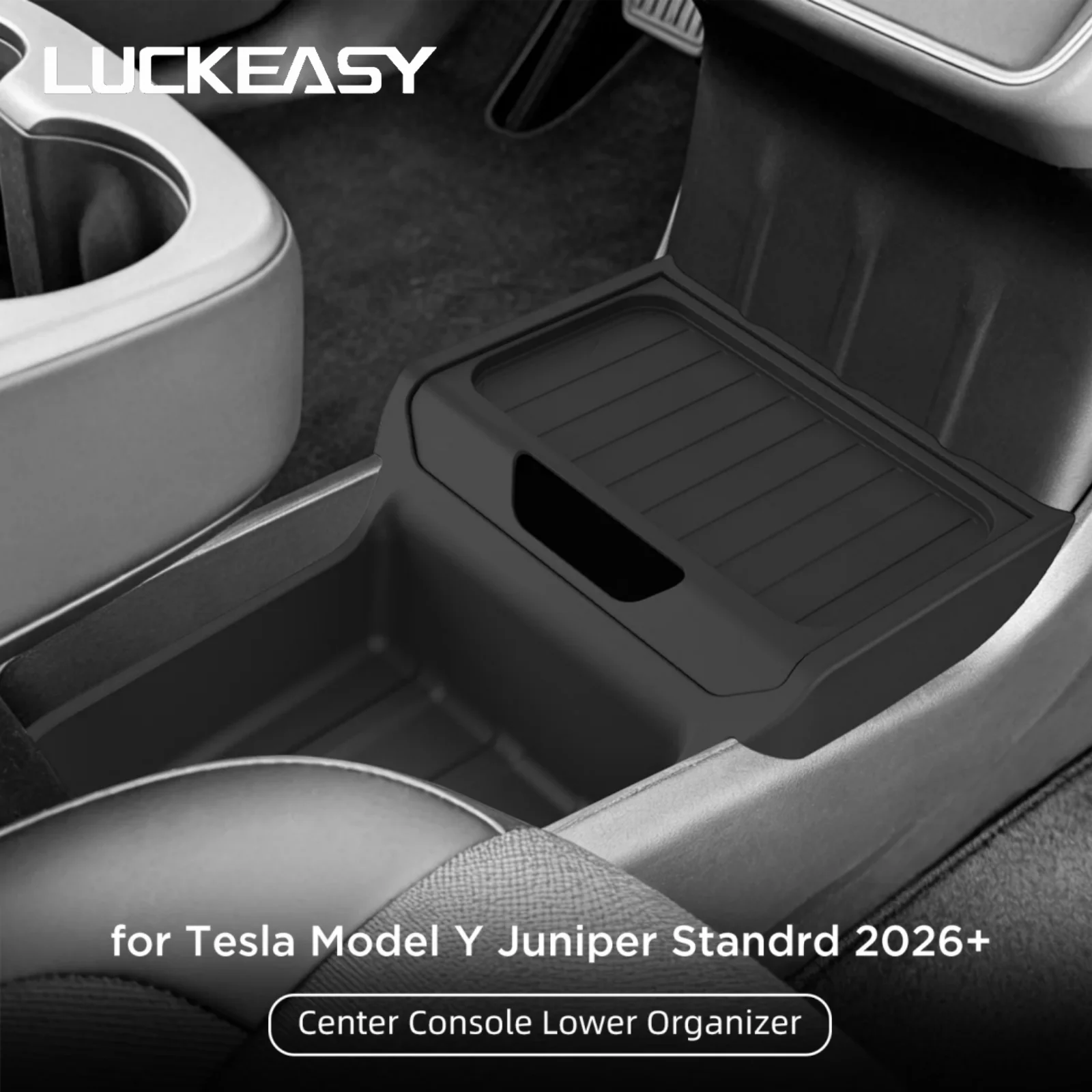 LUCKEASY für Tesla Model Y Standard 2026 2025 Mittelkonsole Untere Aufbewahrungsbox TPE Zentrale Ablage Zubehör Ordnungssystem
