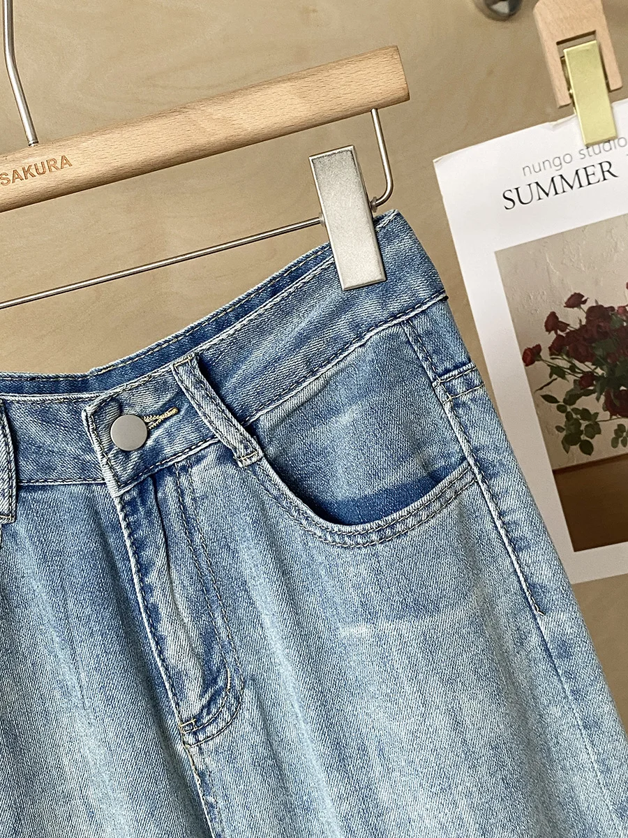 

Summer Blue Straight leg Jeans for Women High Waisted Zipper Pants French Casual Fashion Simple Female Denim Trousers