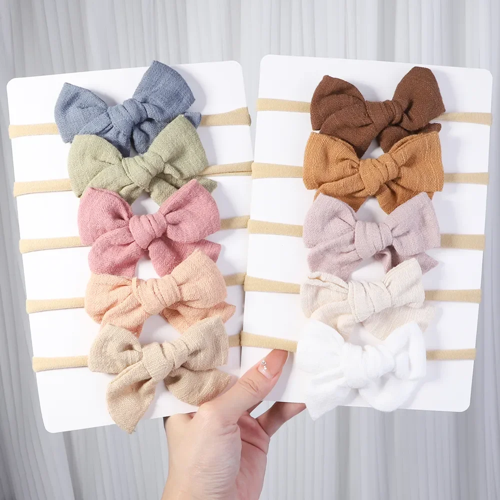 5pcs/Lot Nylon Elastic Headband Baby Solid Knot Flower Fabric Hairbow Set Infant Soft HairBands Handmade Girls Hair Accessories