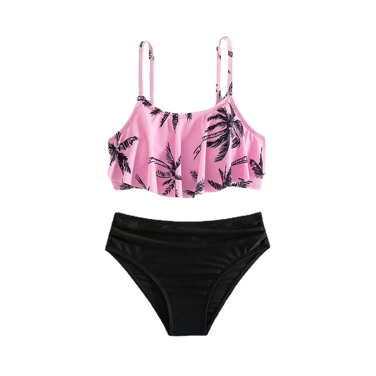 Black+pink Flounce Girls Two Piece Swimsuit Teen Girls Tie Side Bikini Sets 7-14 Years Girls Bathing Suit Swimwear