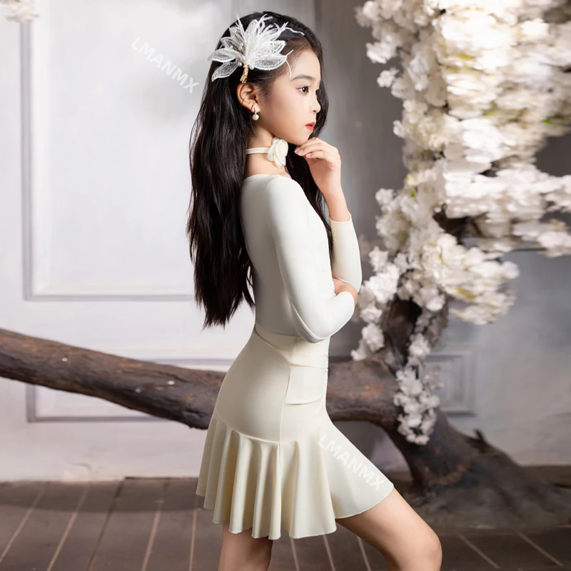 Vestido de prática de dança latina infantil, outono e inverno, para meninas, prática profissional, vestido de performance dividido