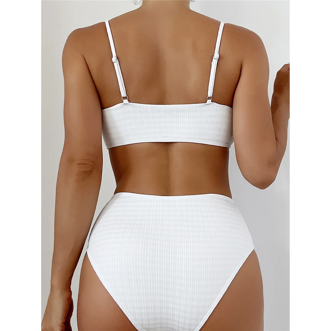 Perlen-Bikini mit geripptem, hoch geschnittenem Bund, Damen-Badeanzug, zweiteiliges Bikini-Set, gepolsterter Badeanzug, Badebekleidung für Damen, V4352. – Detail 8