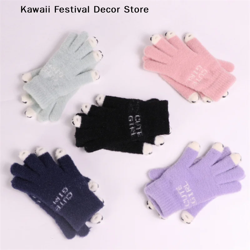 Gloves Cute Woolen Knitted Gloves Winter Thickened Warm Gloves Outdoor Leaky Finger Touch Screen Cold Proof Gloves Warm Gloves