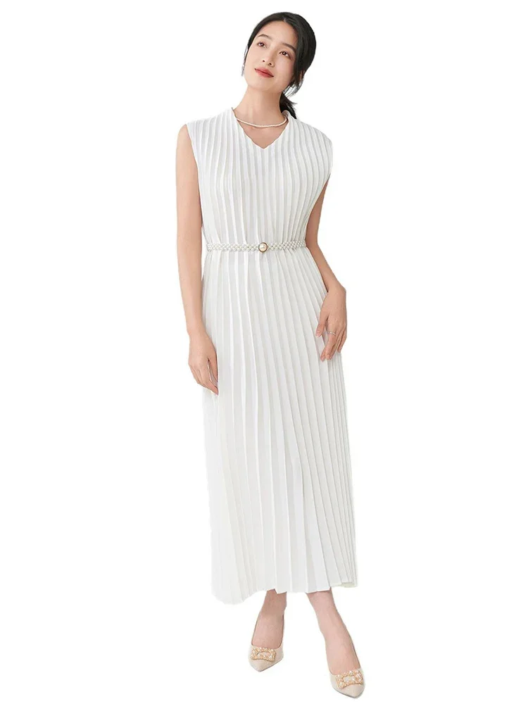 Vestido de mujer sin mangas plisado de Color sólido con cuello en V Miyake 2025 novedad de verano moda Casual versátil falda de diseño elegante