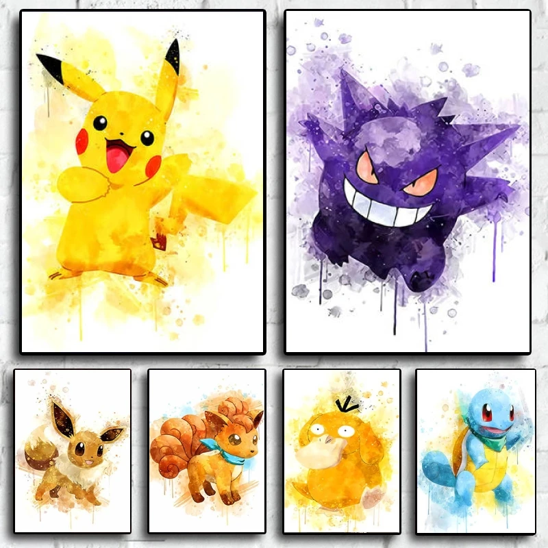 

Watercolor Pokemon Poster Pikachu Gengar Canvas Artwork Painting Child Room Wall Decoration Gifts Spray Printing Classic