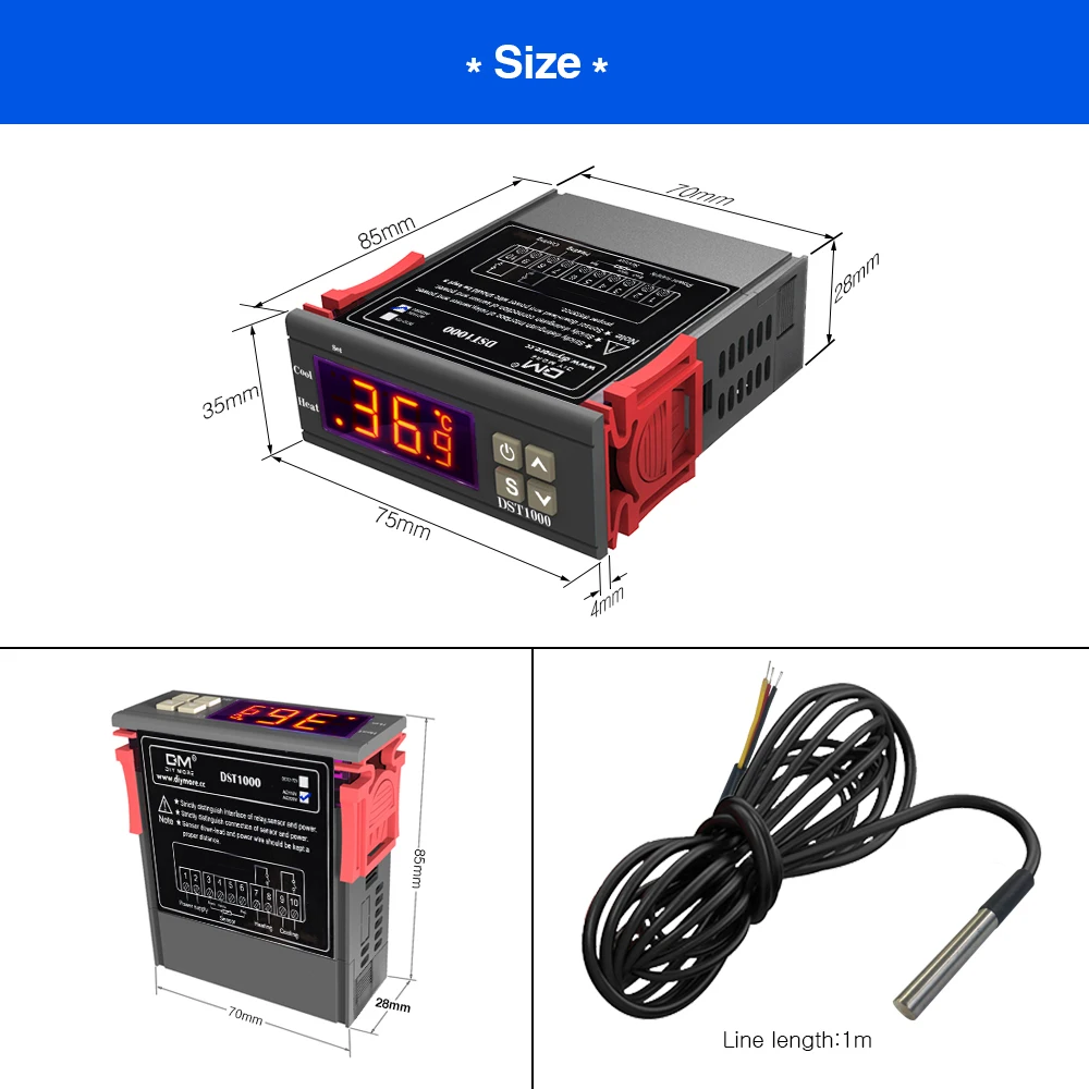 DST1000 AC 110V 220V DC 12-72V Digital Temperature Control Controller Thermostat DS18B20 Sensor Waterproof Replace STC-1000