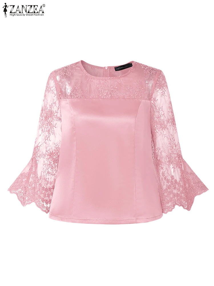 ZANZEA Blusas elegantes de satén brillante para Mujer, retales de tul bordado, cuello redondo, mangas acampanadas 3/4, Blusas para Mujer con clase, Tops sólidos