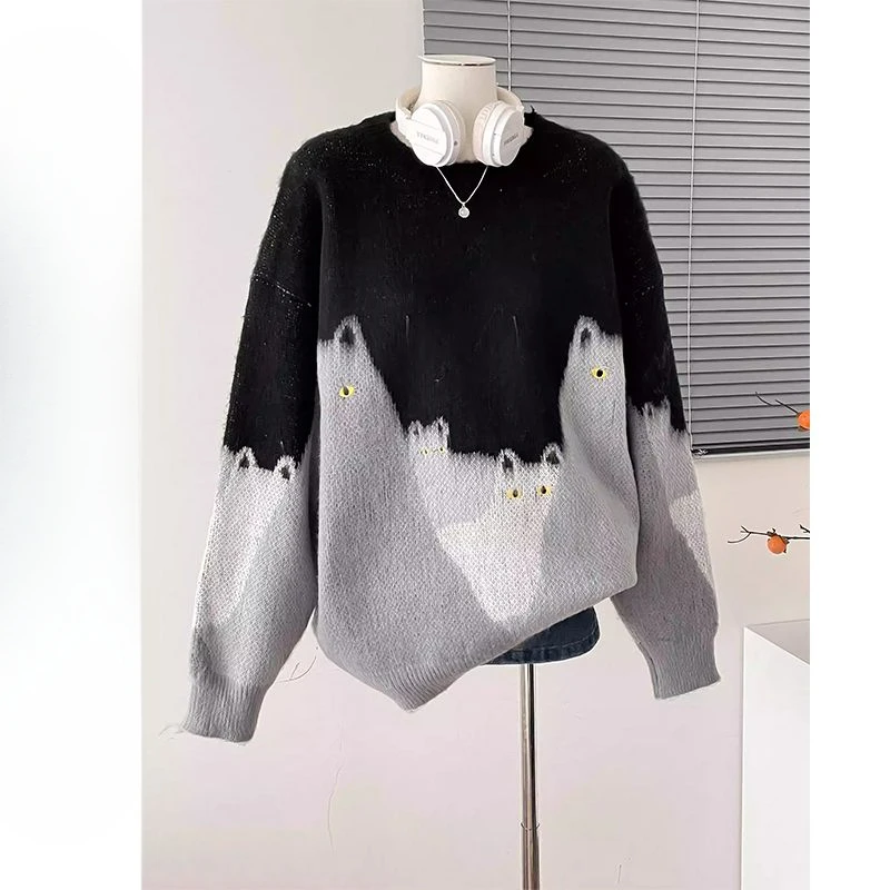 

Мужской и женский винтажный жаккардовый контрастный цвет с напуском и круглым вырезом, свободный одинаковый трикотаж для пар, модный свитер с рисунком кота