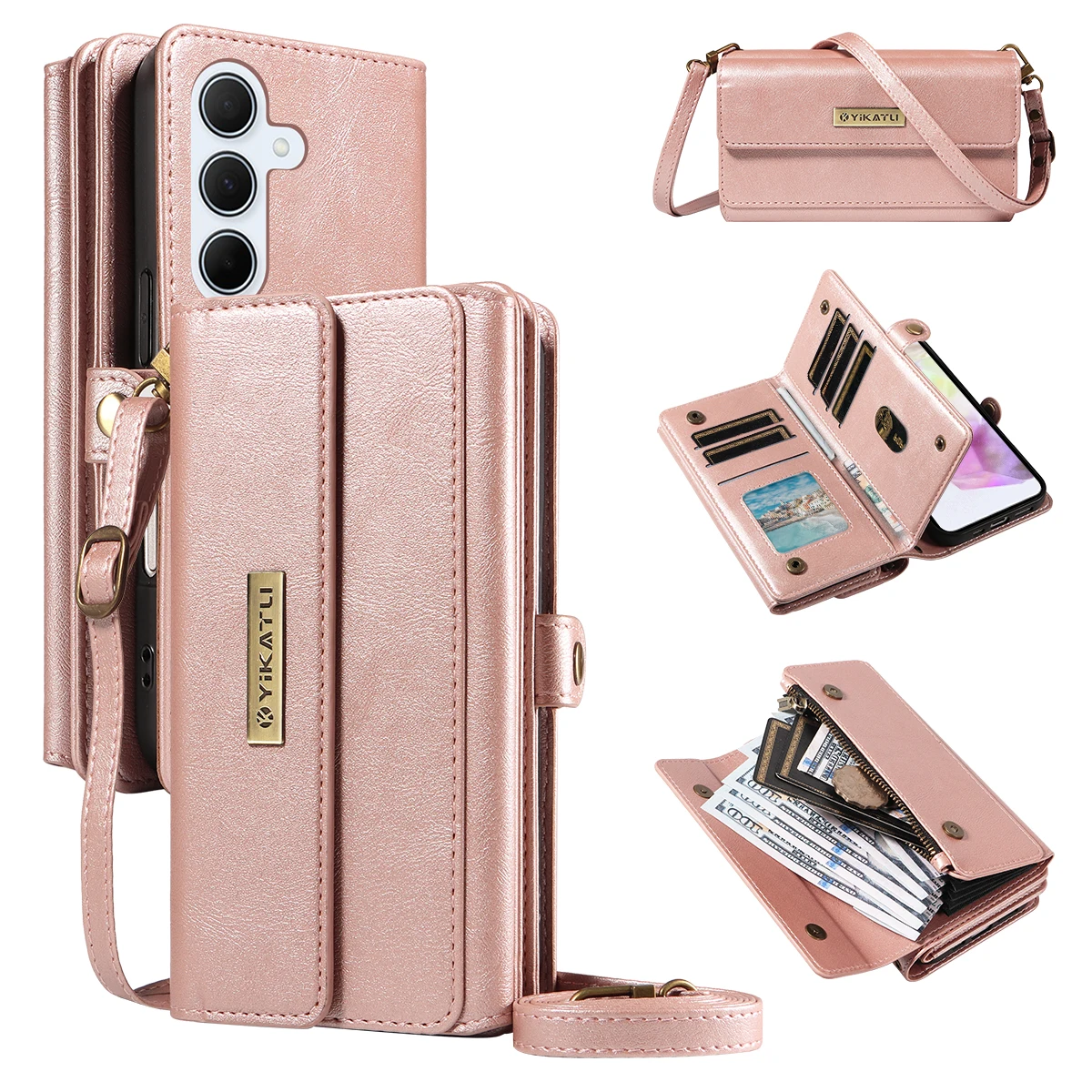 

For Samsung Galaxy A35 5G Case YIKATU YK-008 Zipper Wallet Leather Phone Cover with Shoulder Strap - Rose Gold