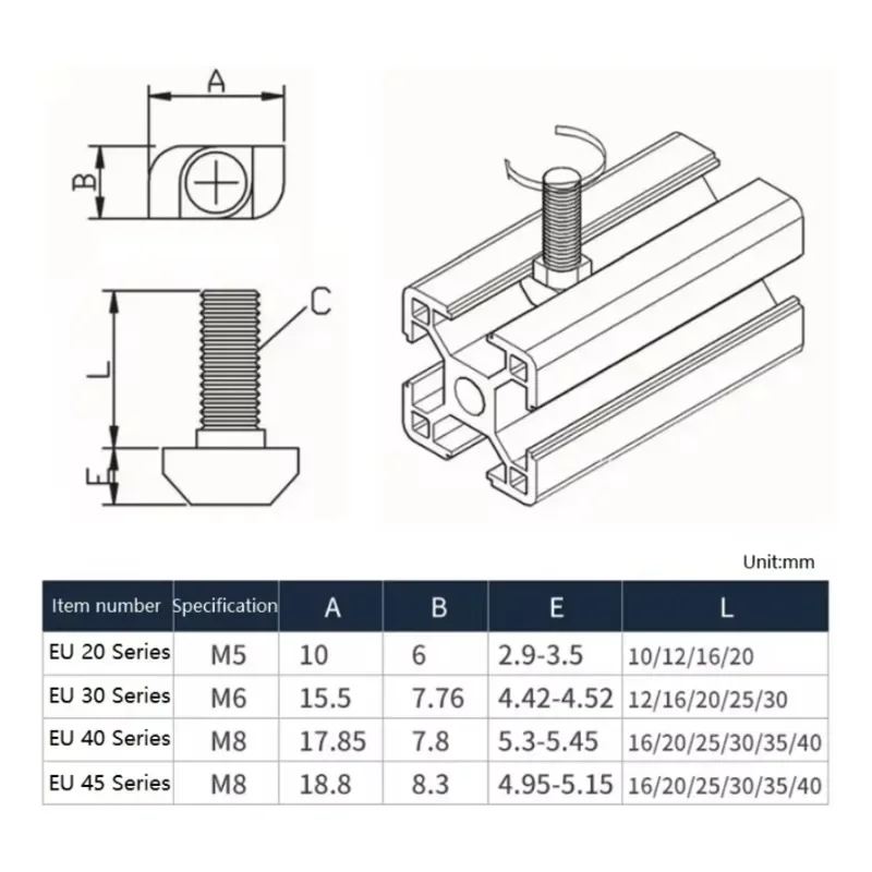 Eu Standard 20 30 40 45 Series T Shaped Hammer Bolt Aluminum Profile Accessories T Shaped Bolt Nut + Flange Nut M5 M6 M8