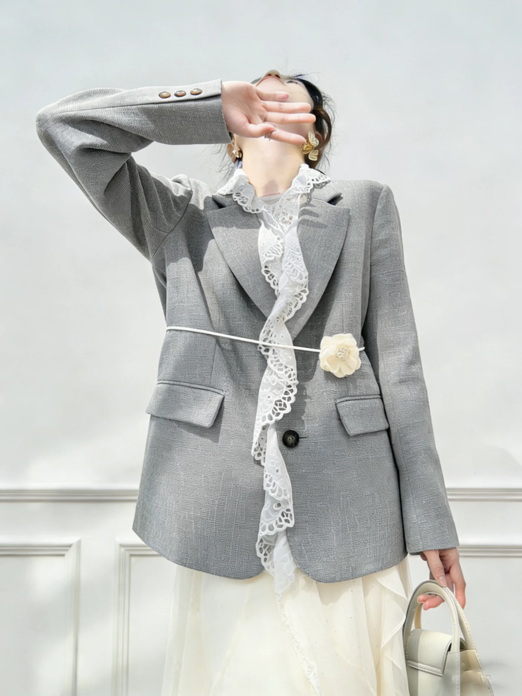 

Ele Light ey Lace Trim Suit Women's Faion Spring New Sle Long Sve Classic Collar Jaet High Quali Outerwear