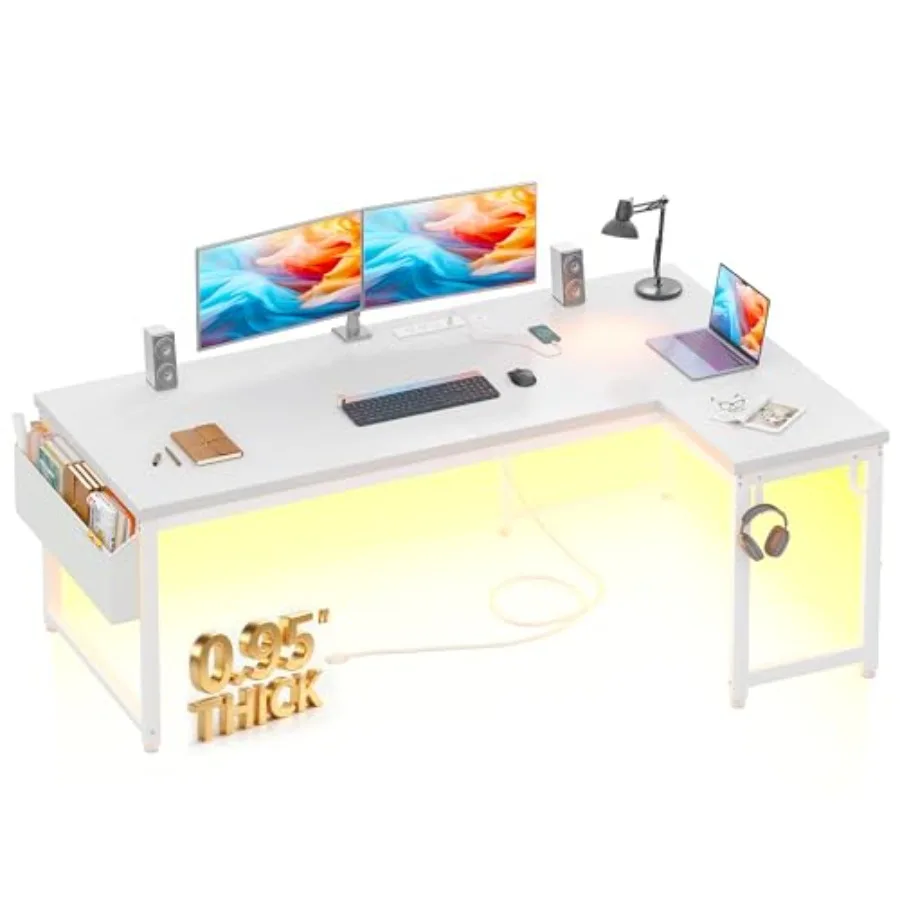 L-shaped home office desk, engineered wood, white, 63-inch size with 0.95-inch thick durable desktop