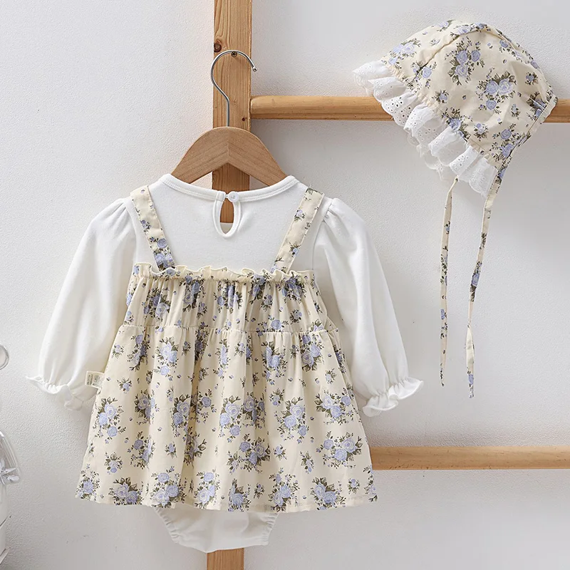 2024 New Spring 0-24M Children Clothes Toddler Baby Girl Romper+Hat Long Sleeved Cotton Floral Printing Infant Baby Jumpsuit