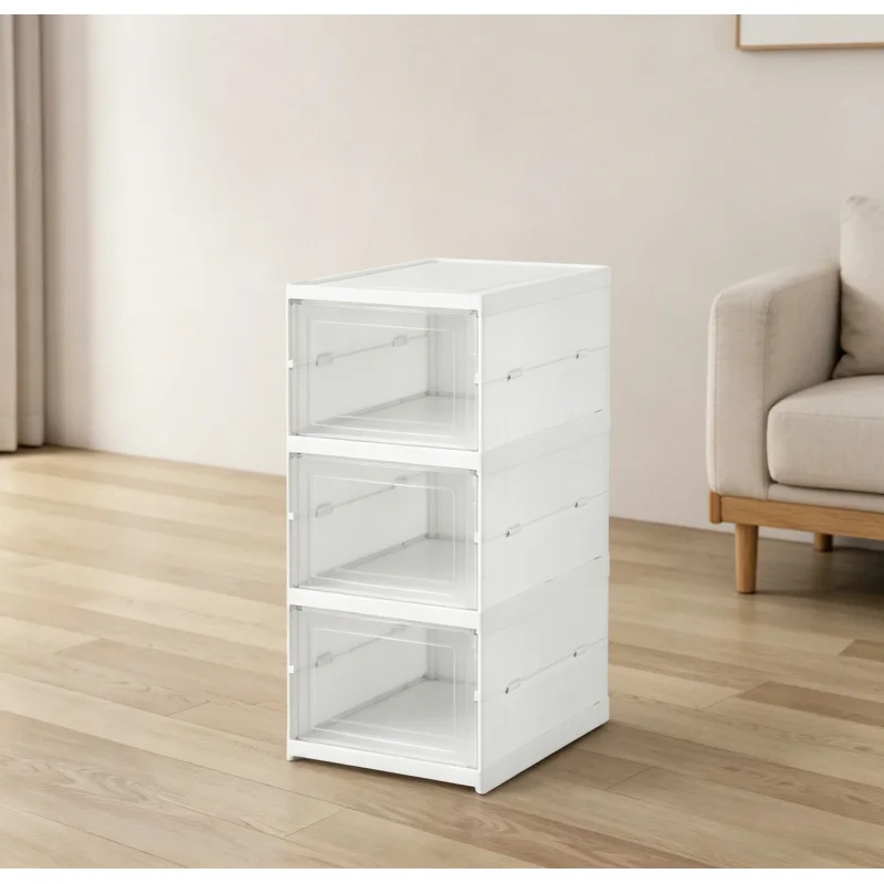 Caixa de Armazenamento de Sapatos Dobrável de 3 Camadas, Organizador Transparente para Tênis, Estante Empilhável à Prova de Poeira para Casa