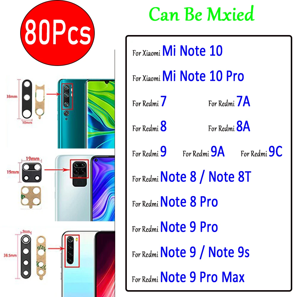 80Pcs,  Glass Rear Back Camera Lens with Sticker For Xiaomi Mi Note 10 Pro Redmi 9A 9C 9 8 8A 7 7A Note 8 9 9S Pro Max