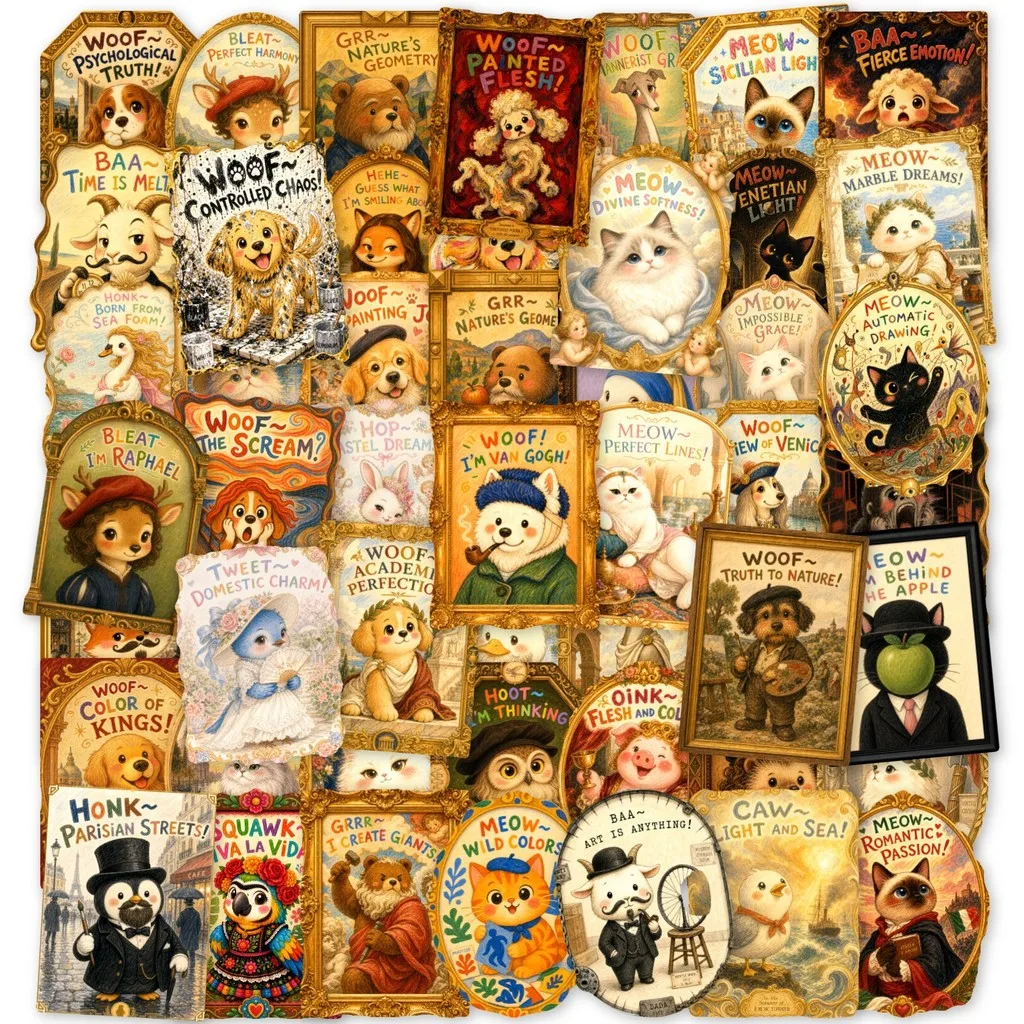 50Pcs Cartoon Pet Retro Famous Painting PET Clear Stickers, Cute Cat Dog Doodle Transparent Decals AnimeWorlds Store