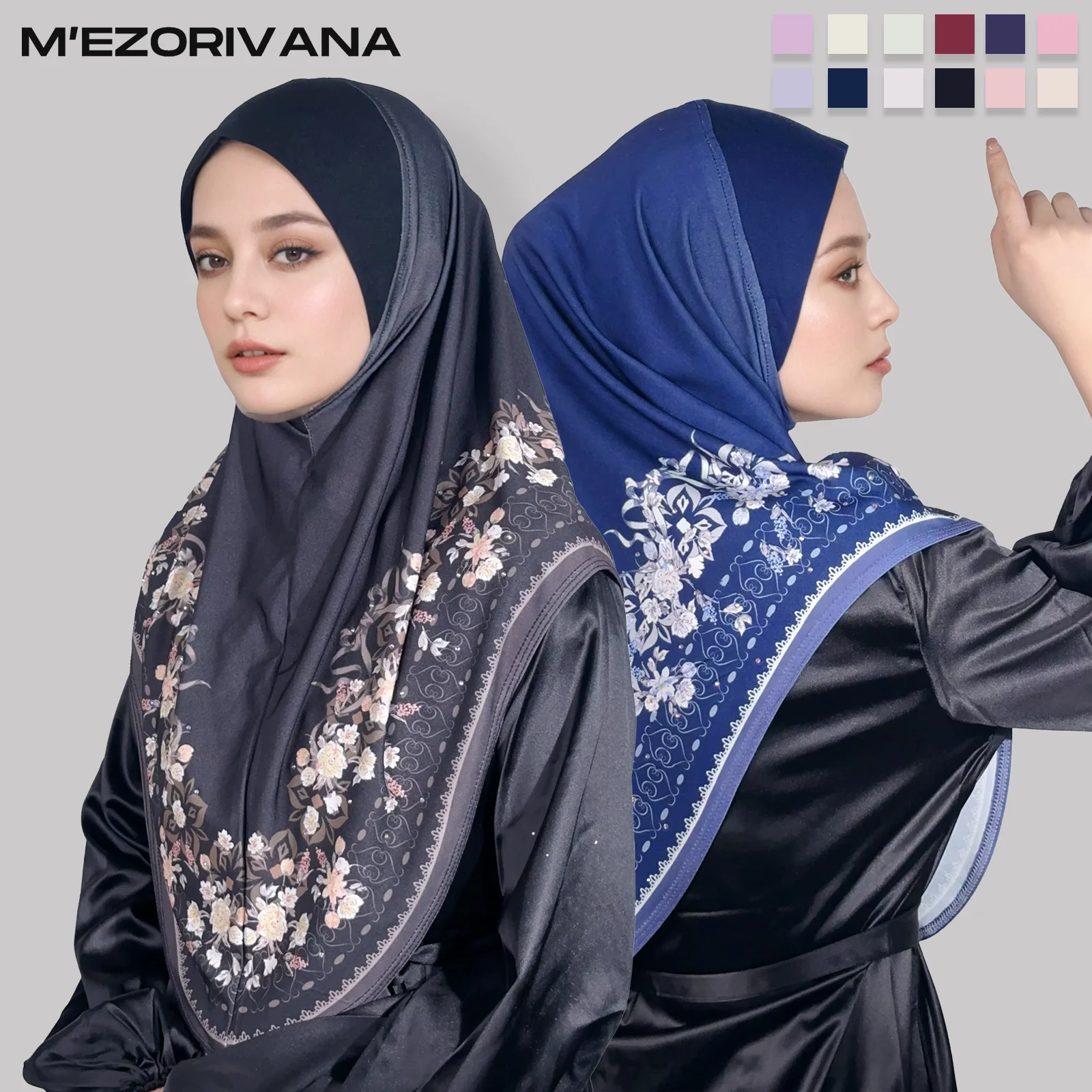 1Pc m'Ezorivana High-End Elegant Muslim Chiffon Hijab for Women - Floral Print Design, Adjustable Size, Breathable Cover-Up with Snap Button Design, Available in Twelve Colors, Machine Washable, Suitable for Ramadan, Eid, and Special Occasions, Multifunctional Traditional Islamic Clothing