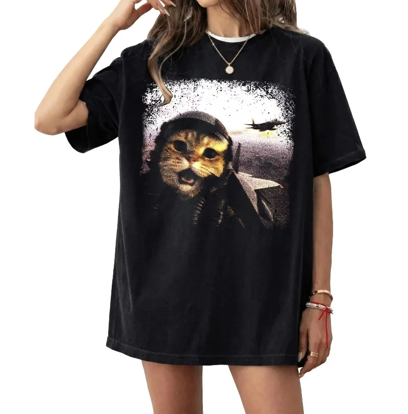 Retro Funny Fighter Pilot Cat Print T-Shirt 2026 Summer Men's and Women's Loose and Breathable T-shirt Top