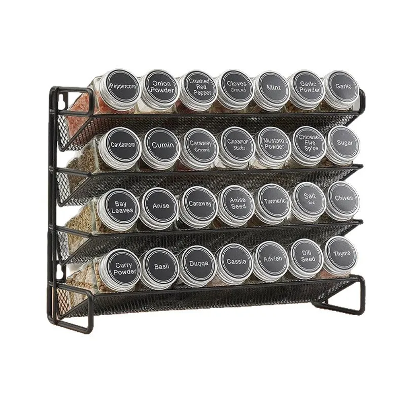 4-Tier Black Storage Shelf Spice Jars Organizer, Hollow iron art Countertop Seasoning Rack for Kitchen Seasoning Storage Bottles
