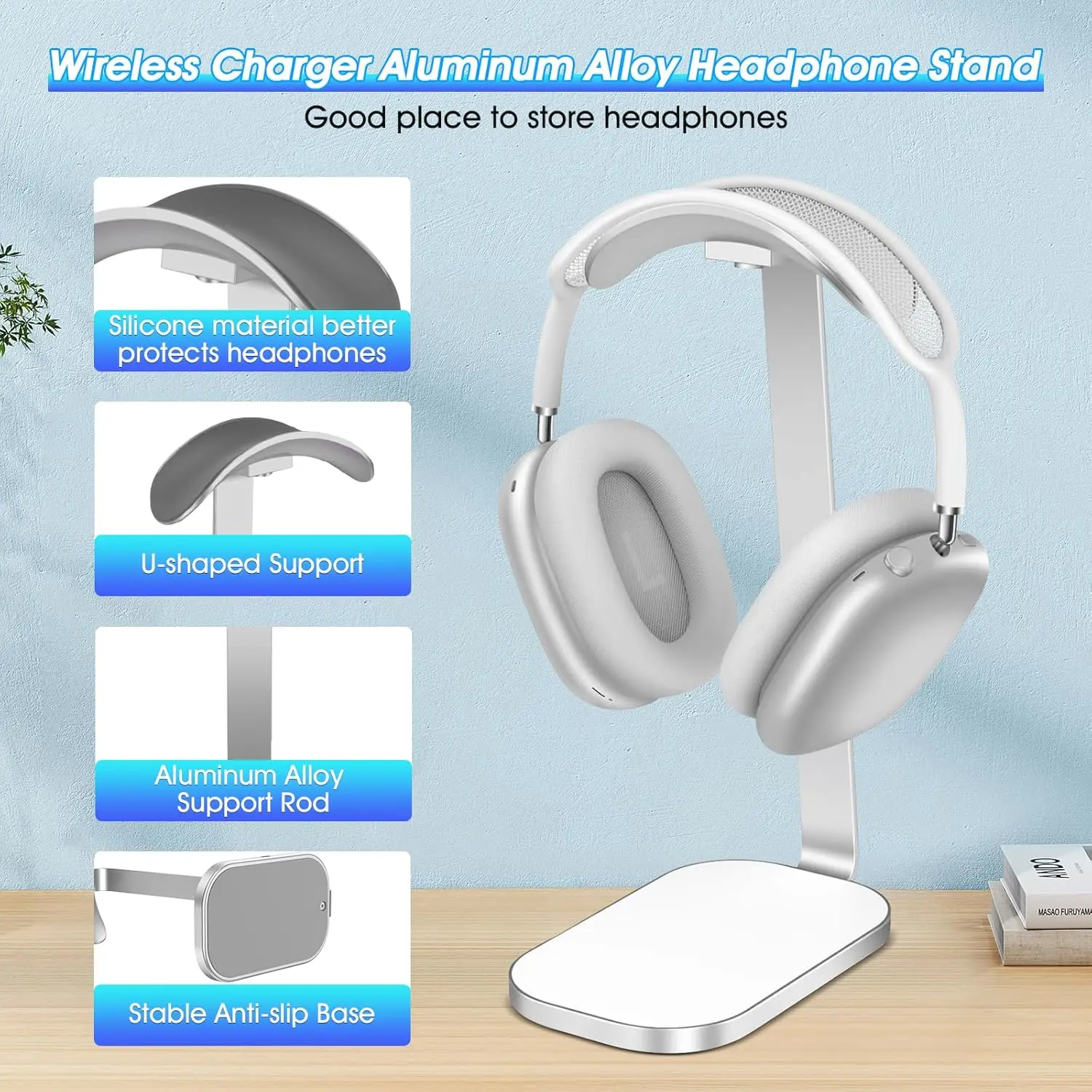 15W Wireless Charging Bluetooth Headphone Stand Wireless Charger Headphone Stand Headphone Mount Metal Headphone Storage Rack