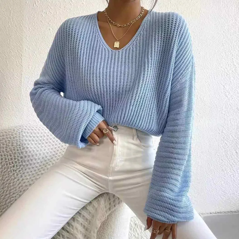 

Knitted Sweater Women Pullovers New Long Sleeve V-Neck Black Knit Sweater Pullover Women Tops Knitwears Sueters De Mujer Q1174