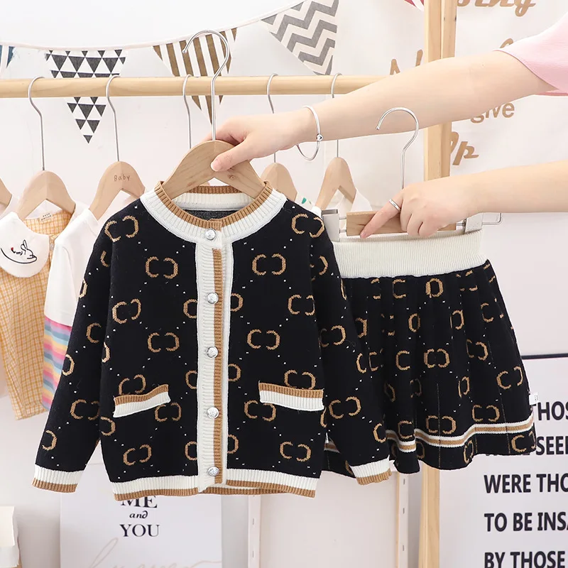 New Children\'s Sweater Set Girls Fashion Printing Cute Knitted Cardigan Skirt 2 Pieces Baby Clothes 1-7T Autumn and Winter