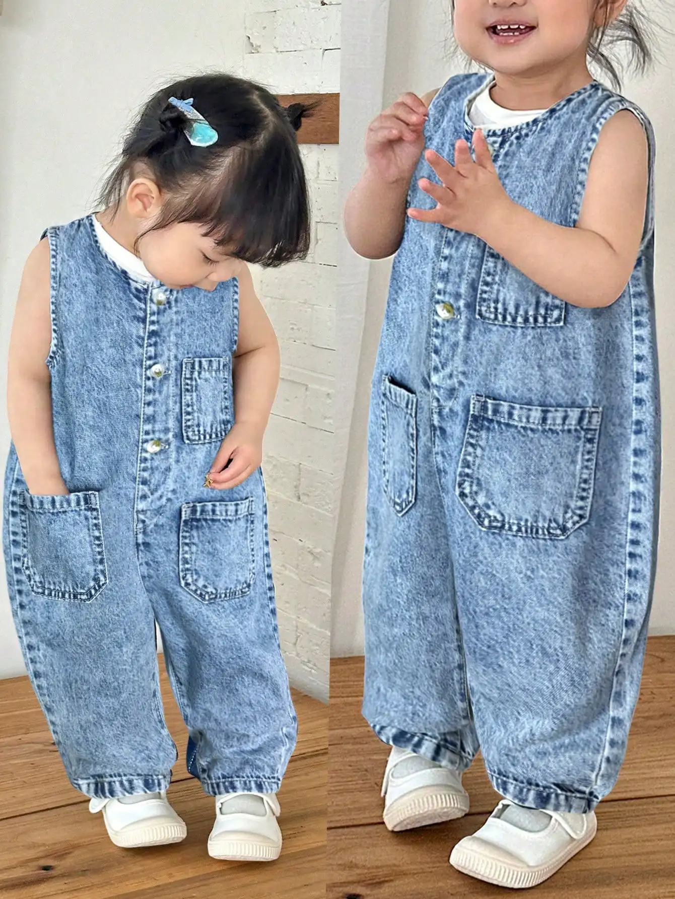 

Baby Girl Dark Blue Denim Sleeveless White Striped One-Piece Tapered Pants