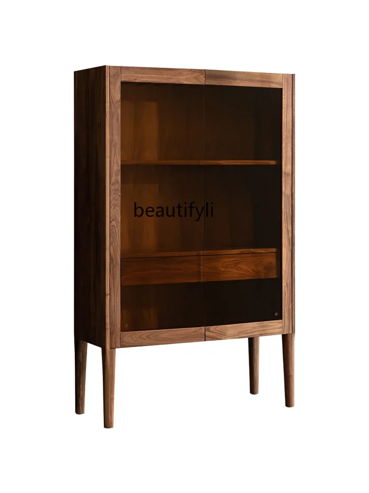 

Modern Light Luxury Black Walnut Wooden Liquor Cabinet Living Room Wall Solid Wood Glass Double Door Partition Display