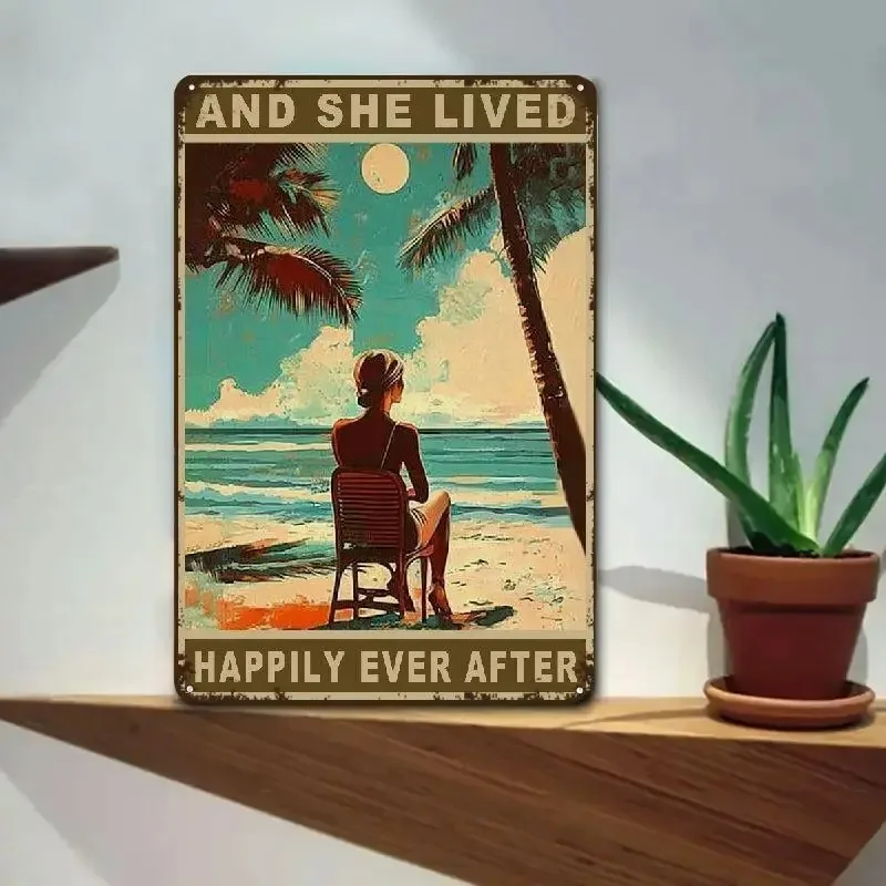 Retro Tinplate Decor- Vintage Beach Metal Wall Art aluminum Sign with Sunset And Palm Tree Design- 'And She Lived Happily Ever