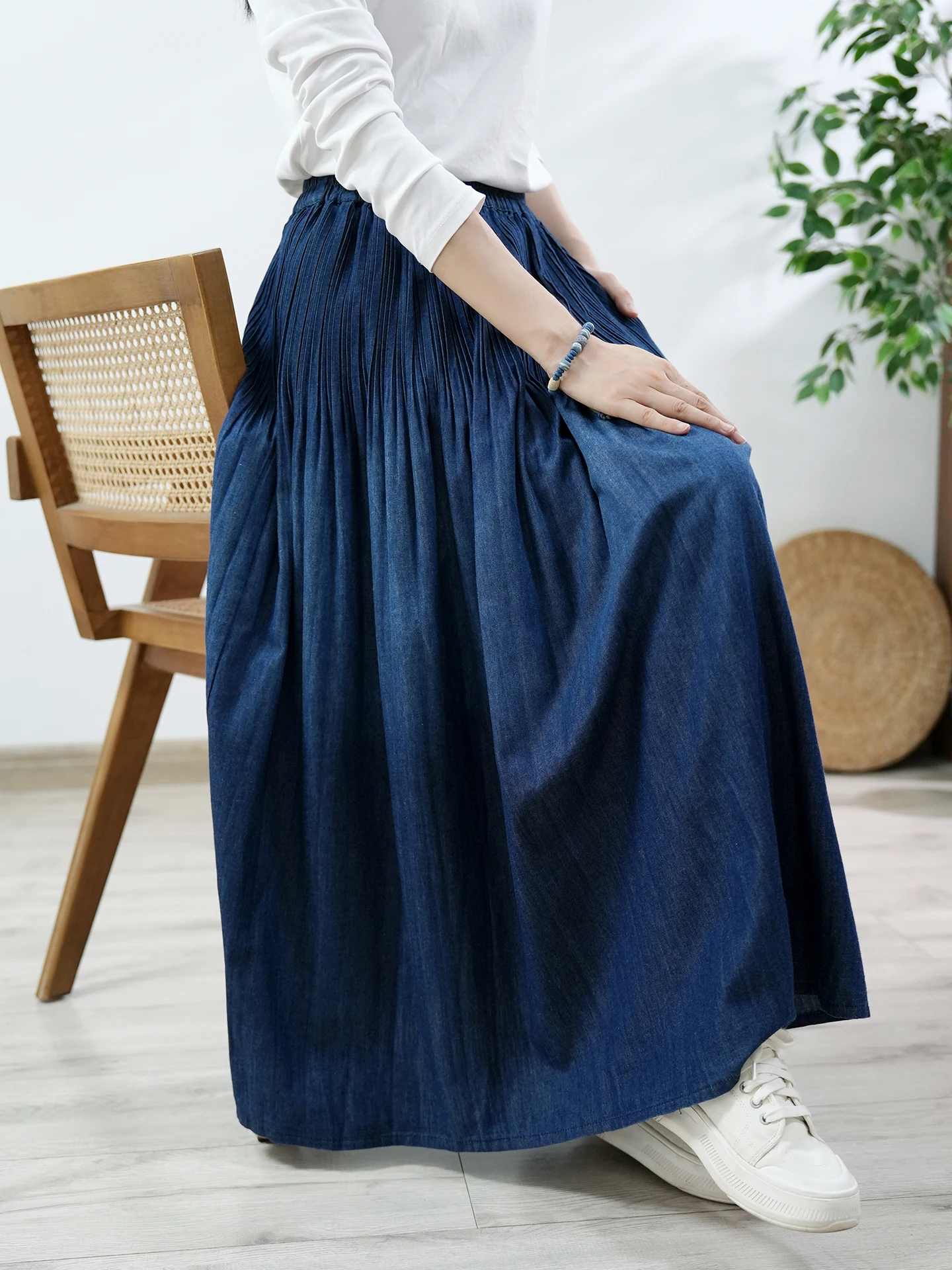 TIYIHAILEY faldas largas largas con cintura elástica para mujer, faldas vaqueras de otoño y verano para mujer, bolsillos plisados de Color sólido, Vintage azul profundo