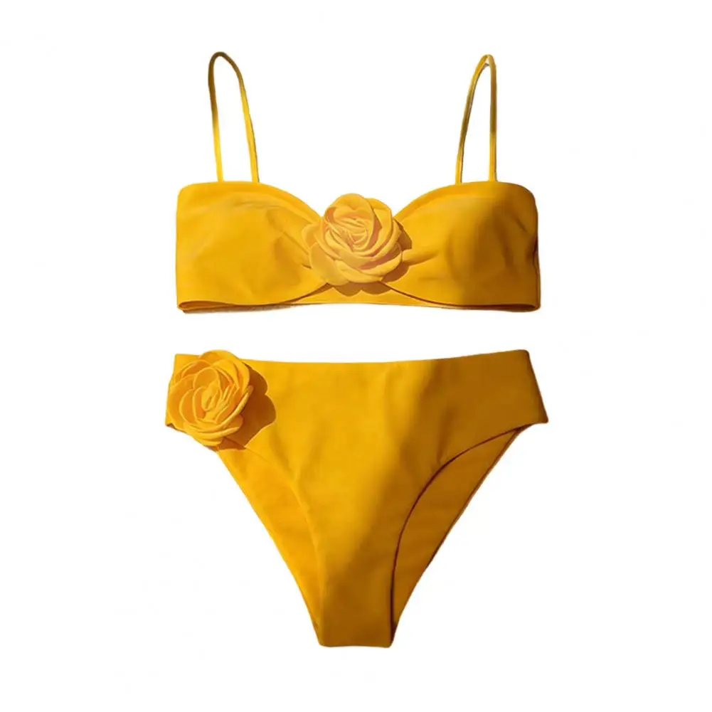 New Women Bikini Set 3D Flower Decor Adjustable Straps Tube Top Bikini Bra High Waist Swimming Trunks Set Sexy Beach Swimwear